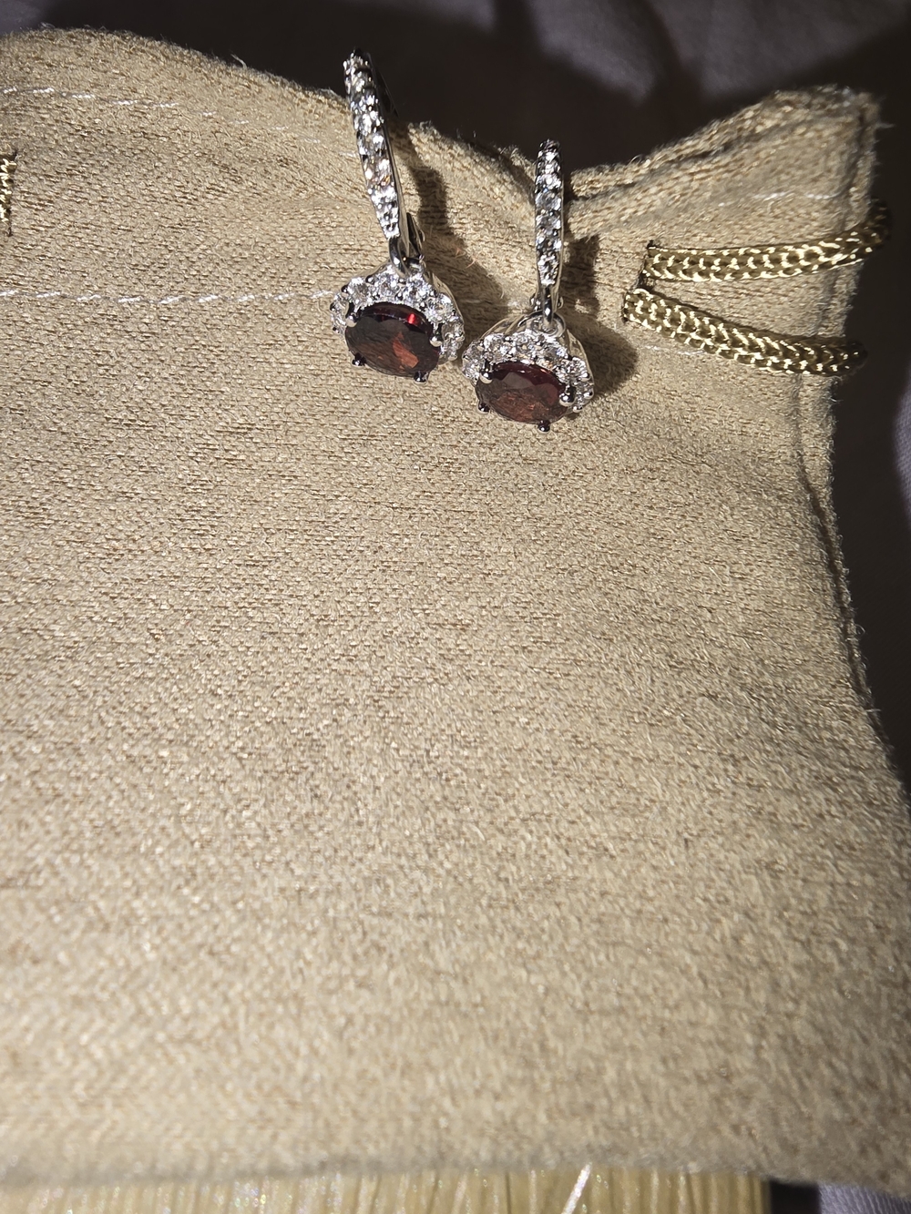 Garnet Drop Earrings with Clear Accent Stones